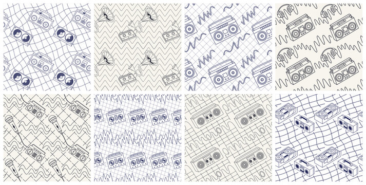 Set of 8 seamless retro audio patterns featuring vintage boomboxes, microphones, cassette tapes, and musical equipment in hand-drawn line art style
