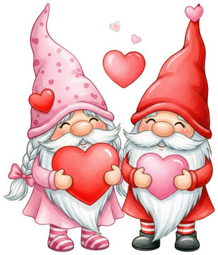 Cute Gnome png Valentine Dwarf cutout Pink Heart png Red Tomte cutout Lovely Gonk png Watercolor Couple cutout Sweet Elf png Romantic Character cutout Holiday isolated transparent background image