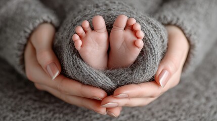 Woman holds newborn baby feet in hands showing motherhood and nurture in a cozy setting on a quiet day