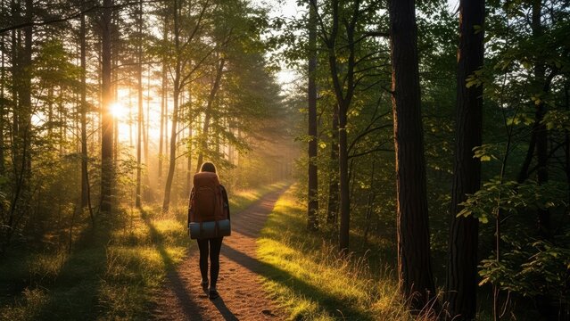 Hiker walking on forest path at sunrise with sunbeams and lens flare