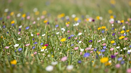 Field of mixed wildflowers blooming in the sunshine during summertime