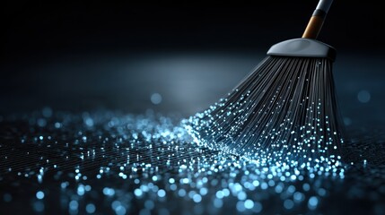 Futuristic data cleaning technology sweeps away digital clutter with a blue light effect in a dark setting