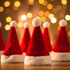Festive Santa Hats Displayed with Bokeh Lights for Christmas Celebration.