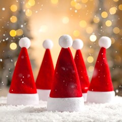 Festive Santa Hats in Snowy Scene with Bokeh Lights.