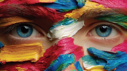 Creative macro portrait of a human eyes covered with vibrant paint strokes, symbolizing art, imagination, self expression, creativity, and modern visual culture