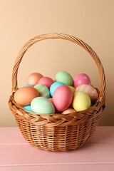 Fototapeta premium Beautiful Easter eggs in basket on pink wooden table against beige background