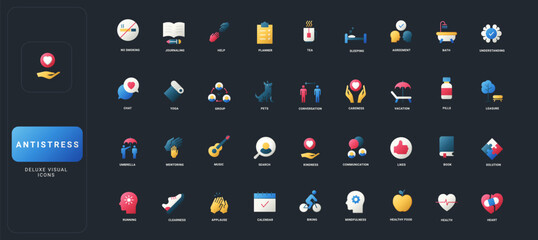 Gradient flat style icons set with antistress, wellness, self-care, mindfulness, and healthy lifestyle activities on dark UI background vector illustration.