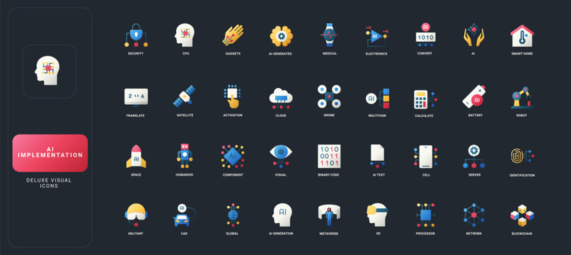 Gradient flat style icons set with artificial intelligence, technology, automation, robotics, data, and smart systems on dark UI background vector illustration.