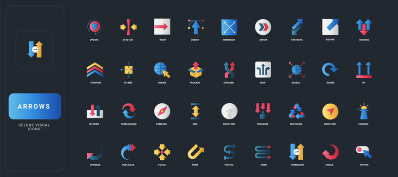 Gradient flat style icons set with diverse arrow directions, navigation, movement, and interface symbols on dark UI background vector illustration for modern digital concepts.