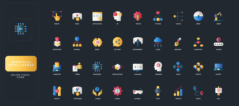 Gradient flat style icons set with artificial intelligence, machine learning, data science, neural networks, cloud computing, and digital innovation on dark UI background vector illustration.