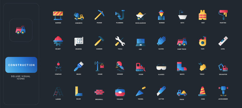 Gradient flat style icons set with construction machinery, safety gear, tools, and building materials on dark UI background vector illustration for industry, engineering, and architecture.