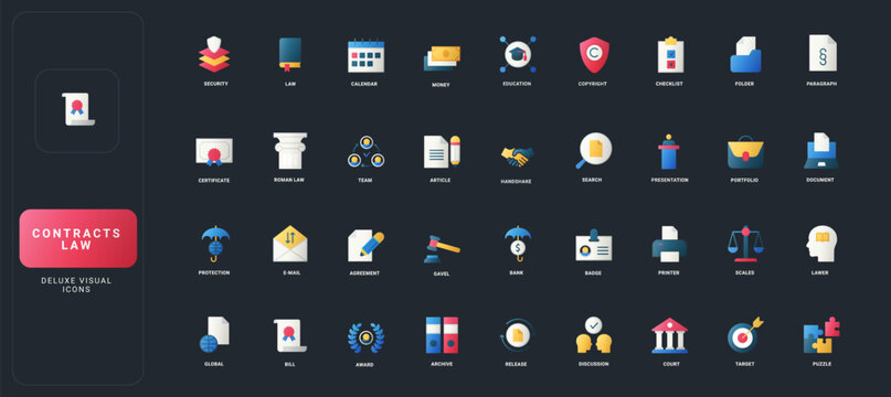 Gradient flat style icons set with law, contracts, legal documents, justice, agreement, and business symbols on dark UI background vector illustration for professional legal themes.