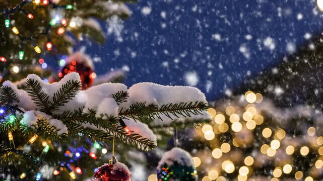 Winter Wonderland of Holiday Cheer: A festive Christmas tree, adorned with twinkling lights and colorful ornaments, glistens with a fresh dusting of snow against a magical.