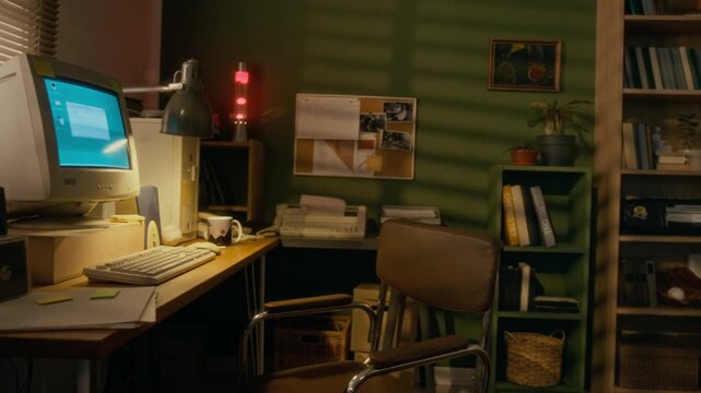 Medium full shot of workspace at 90s home, comprising desk, chair, PC computer with obsolete operating system, keyboard, lava lamp on bookshelf, at daytime, window blinds throwing shadows on walls