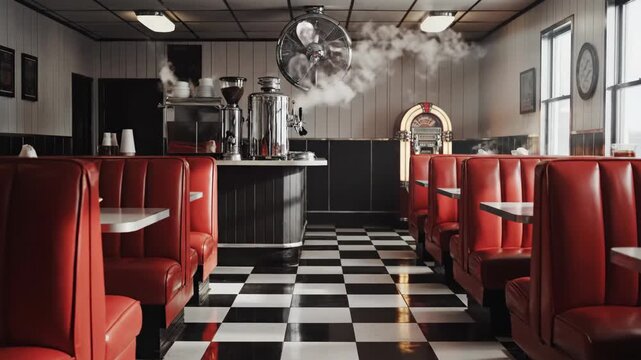 Step inside a charming diner that exudes nostalgia, featuring glossy red booths and a classic checkered floor. The inviting aroma of fresh cooking fills the air, creating a warm atmosphere.