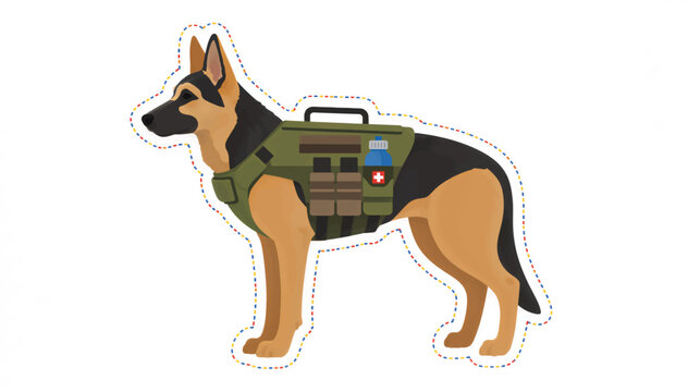 Military German Shepherd dog with tactical gear. K9 unit wearing vest and first aid kit. Stylized vector illustration sticker