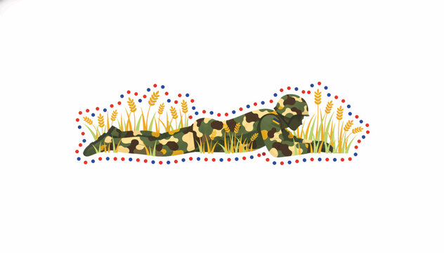 Ukrainian soldier in camouflage lying in wheat field. Stylized flat vector illustration isolated on white background. Military defense concept with national flag patch