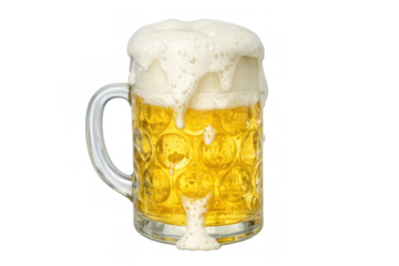 Refreshing golden lager beer mug spilling white foam, bubbling over the rim and dripping down, isolated on transparent background