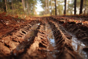 Obraz premium Close-up of bicycle tire tracks on a muddy forest trail with textured earth