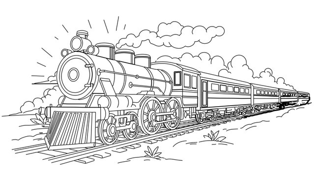 A classic steam train rolls through a grassy landscape, puffing smoke under a cloudy sky.