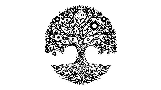 A detailed vector illustration of a tree with intricate roots and branches in a circular design