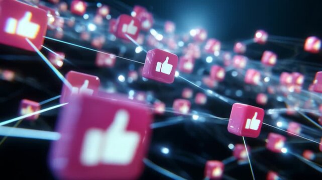 A Vibrant Representation of Digital Connectivity, Featuring an Array of Interactive Thumbs-Up Icons Floating in a Networked Environment, Symbolizing Engagement, Popularity, and Social Media