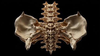 Human pelvis and lumbar vertebrae skeleton displayed against a black background for educational purposes and anatomical study