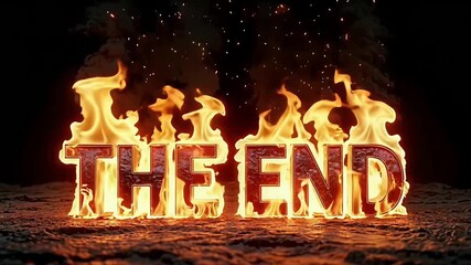 The End fiery glowing text animation with dramatic flames, sparks, embers and dark cinematic background

