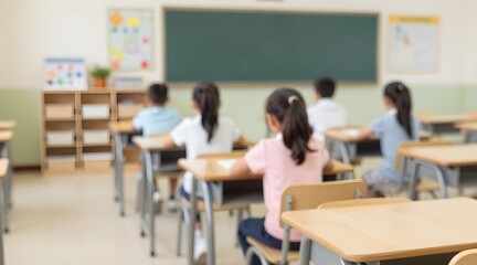 Obraz premium Blurred view of students sitting at desks in classroom