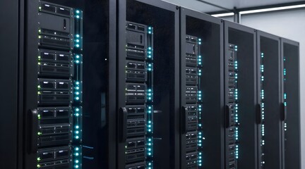 Row of black server racks with blue lights illuminated in a data center