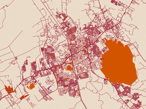 Minimal city map of Kluang, Malaysia with muted violet water and terracotta