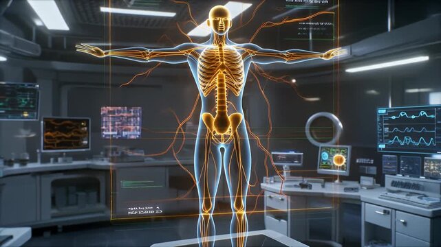 Holographic human body scan displaying skeletal and nervous systems in a futuristic medical research laboratory with data screens.
