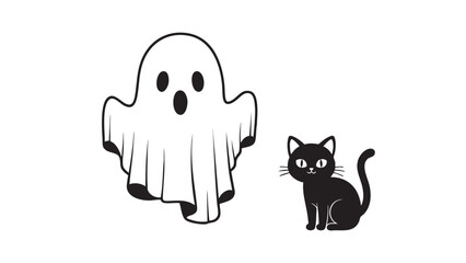 Cute Halloween Ghost and Playful Cat Illustration for Spooky Season