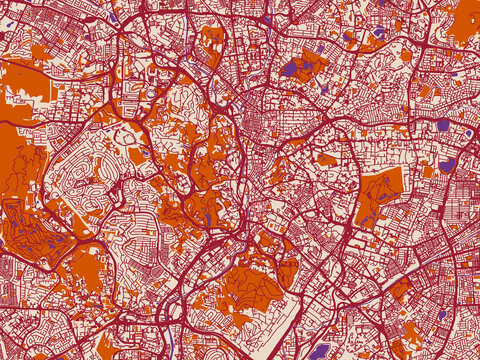 Street map of Kuala Lumpur, Malaysia in warm boho color palette