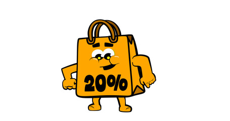 Cute happy shopping bag mascot character, for promotion, sales and e commerce. DISCOUNT FROM 20%