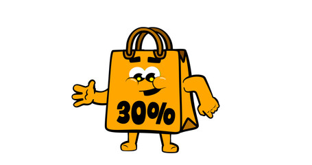 Cute happy shopping bag mascot character, for promotion, sales and e commerce. DISCOUNT FROM 30%