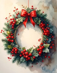 Festive Watercolor Christmas Wreath with Red Bow and Berries.