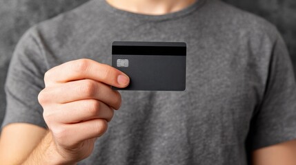 Person holds black credit card in gray shirt against textured background during daytime in a casual setting