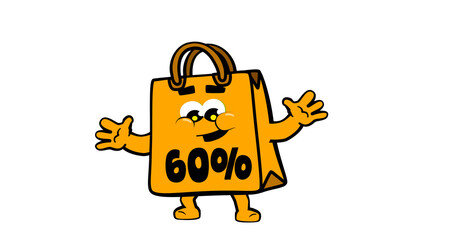 Cute happy shopping bag mascot character, for promotion, sales and e commerce. DISCOUNT FROM 60%