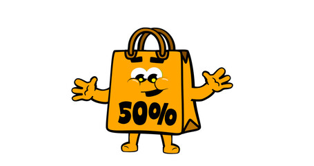 Cute happy shopping bag mascot character, for promotion, sales and e commerce. DISCOUNT FROM 50%