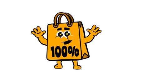 Cute happy shopping bag mascot character, for promotion, sales and e commerce. DISCOUNT FROM 100%
