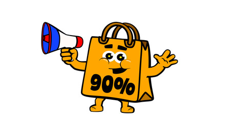 Cute happy shopping bag mascot character, for promotion, sales and e commerce. DISCOUNT FROM 90%