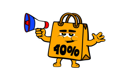 Cute happy shopping bag mascot character, for promotion, sales and e commerce. DISCOUNT FROM 40%
