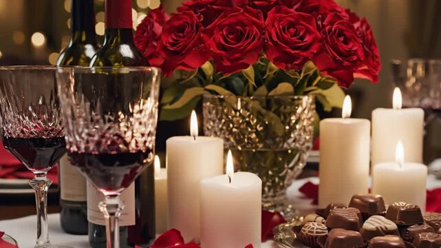 This elegant close-up captures a beautifully arranged table for a romantic evening. Red wine fills crystal glasses alongside bottles, accompanied by a lavish bouquet of fresh red roses, flickering pil