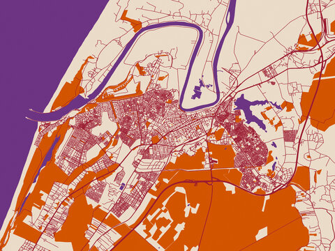 City map of Kenitra, Morocco &ndash; muted violet water and terracotta
