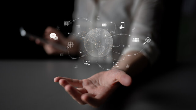 Visualization of global digital communication and online across multiple platforms, including global network, digital network, communication network, and online network. Latch - Powered by Adobe