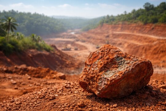 Laterite ore rock in a sunlit open-pit mining landscape, rich red soil and rugged terrain with tropical greenery in the distance
