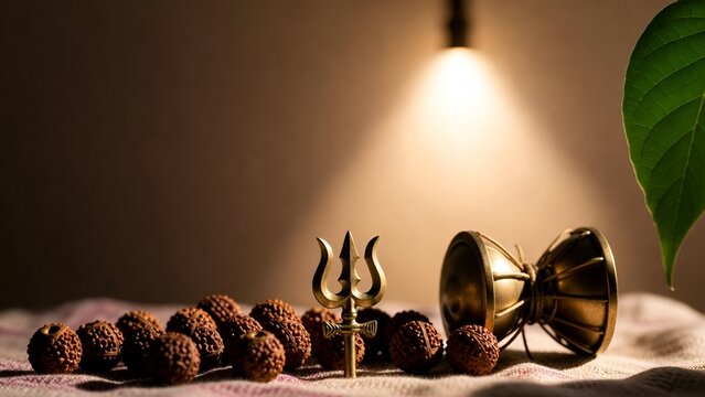 Maha Shivaratri devotional arrangement with trishul damru and rudraksha beads under warm light representing meditation and spiritual awakening
