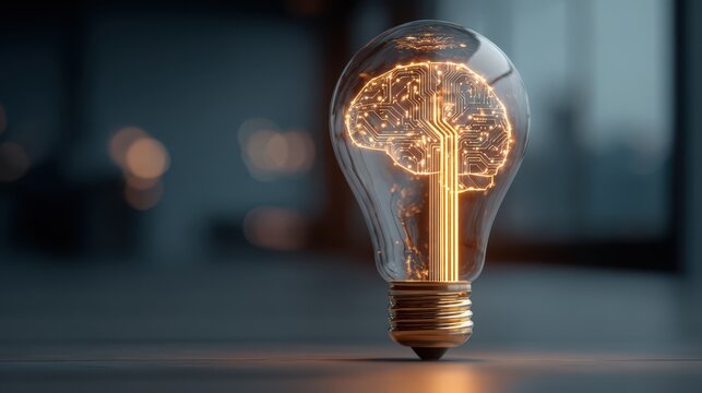 Creative lightbulb idea: orange glow, virtual brain, and circuitry representing entrepreneurial insight