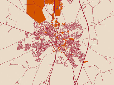 City map of Settat, Morocco &mdash; soft cream background with burgundy street lines, warm terracotta land blocks and muted violet water